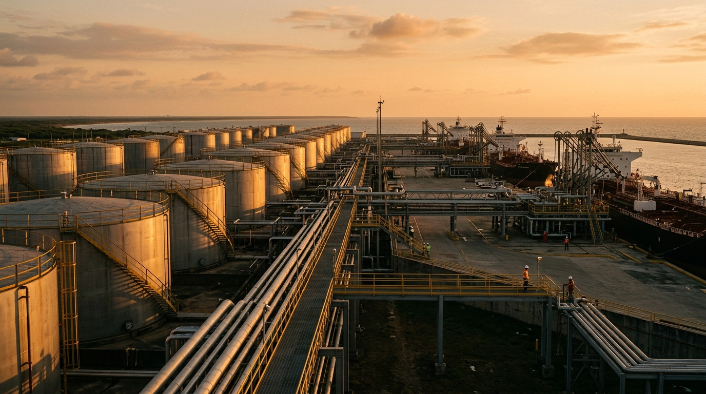 Terminal de exportación de crudo junto al Golfo de México al atardecer