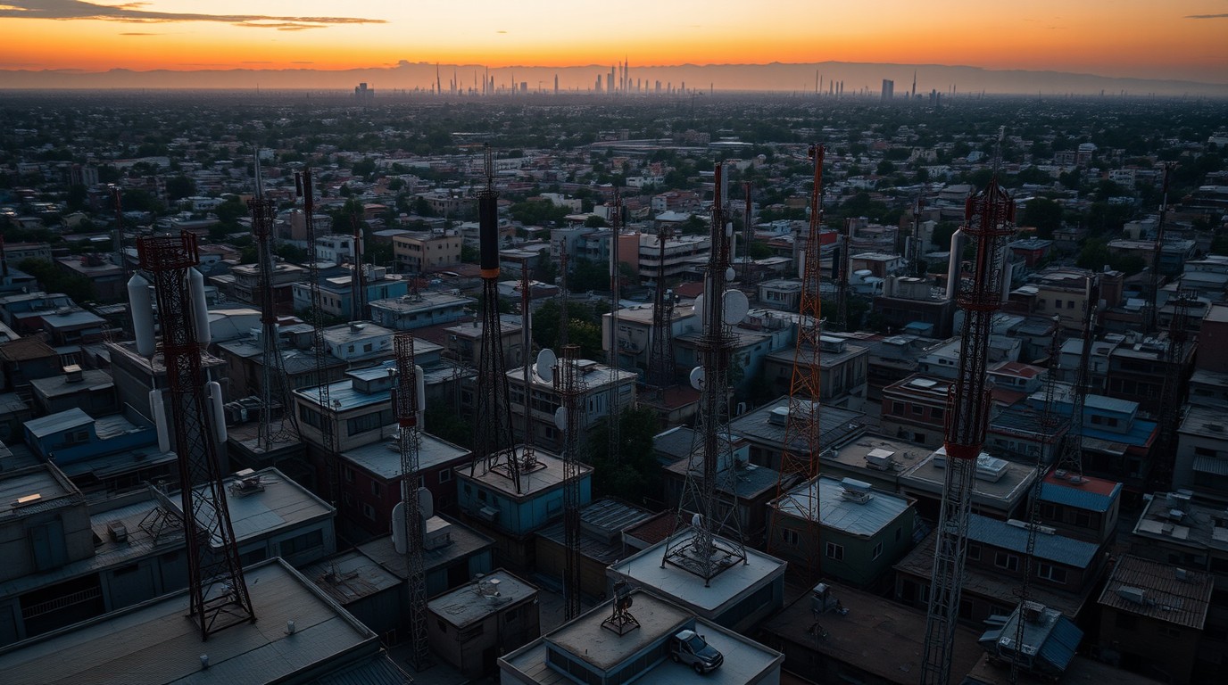Torre de telecomunicaciones urbana al atardecer, símbolo de la compra de AT&T México