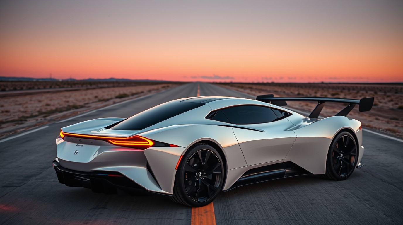 Prototipo de deportivo eléctrico blanco en pista de pruebas al atardecer, Roadster de Tesla